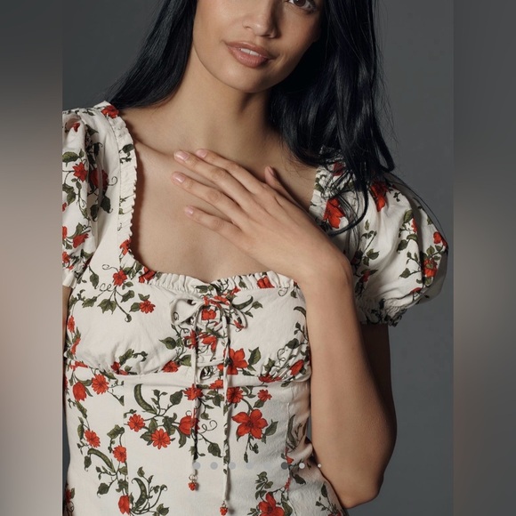 New Anthropologie Puff Sleeve Smocked Dress L Cottagecore Floral Midi Maeve - Picture 5 of 14